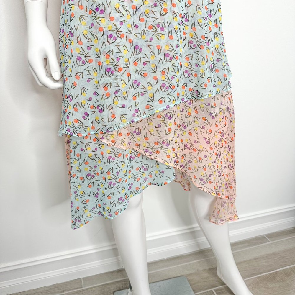 Anthropologie LAIA Mixed Floral Print Ruffle Asymmetrical Midi Dress Pink Blue - Picture 8 of 17
